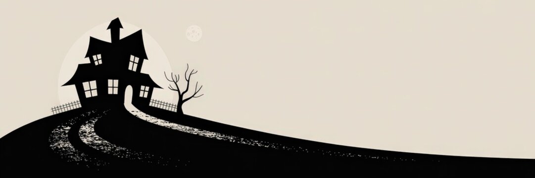Vector Minimalist Black Hunted House Banner &mdash; Crookd Silhouette Full Moon, Bae Tree, Fence & Grungy Drieway Tracks Pale Beige Bacground | Wide Copy Space Hlloween Web/Social Hero, Pster & Event