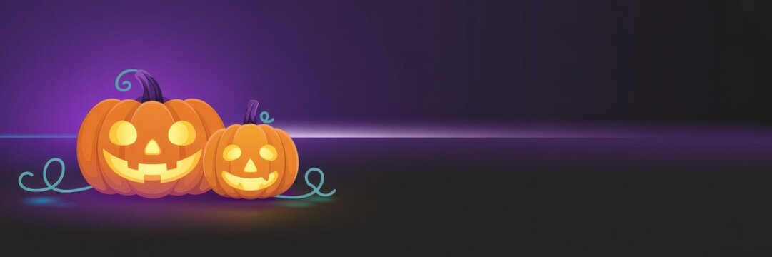Halloween Sale Banner Vecor &mdash; Two Glowing Orange Jak-o'-Lantern Pumpkins TealVines Dark Purple Gradient Wide Left-Aligned Header opy Space &mdash; Family-Friendl Social Media & Website Prmo