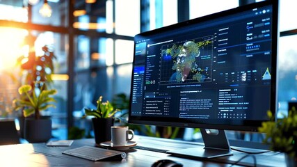 Modern office desk with computer showing global business data and businessman presenting information through video conference, creating a professional and technologically advanced workspace