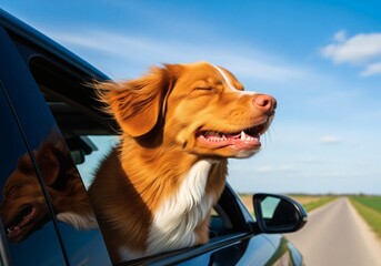 Happy dog car ride: nova scotia duck tolling retriever enjoying wind in face