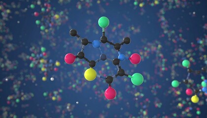 Colorful molecular structure of a complex molecule, highlighted against a field of other molecules, showcasing intricate atomic bonds and vibrant color coding.