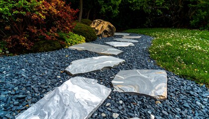 A serene pathway winds through a meticulously landscaped garden, composed of gray stone slabs and dark pebbles, bordered by lush greenery.