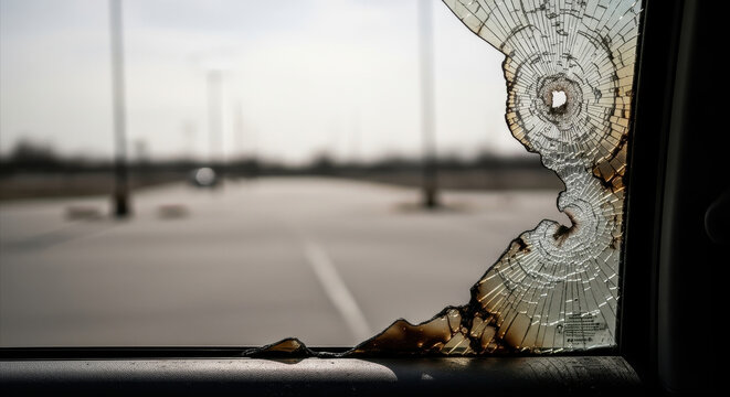 cracked car window with intricate spiderweb pattern, against empty road and cloudy sky. concept of urban decay and abandonment. accident, crash, auto catastrophe
