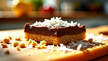 Nanaimo bar with coconut flakes on cutting board