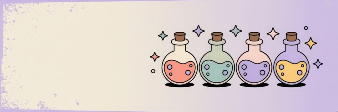 Flat Vector Kawaii Potion Icons &mdash; Row 4 Pastel Corke Bottles Bubbles & Sparkle Pastel Purple Gradient (Lft Copy Space) &mdash; Colorful agic Potions Mobile Game U, Shop/Inventory & App Stoe Banner (he