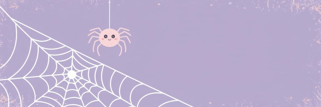 Kawaii Pink Spider Halloween Banner &mdash; Flat Vector Cue Smiling Cartoon White Digonal Web, Pastel LavenderBackground Grunge SplatterBorder, Wide Editable Socil Media & Kid‑Friendly Pary Invitation