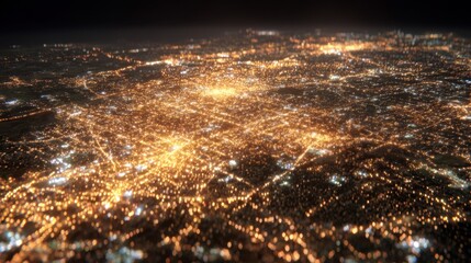 Clear medium shot of concentrated bright lights in a citys central business area with peripheral areas out of focus illustrating regional economic trends from satellite nighttime