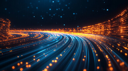 Dynamic light shapes on dark background, high-speed optical fiber concept with abstract 3d light streaks, futuristic and technology-inspired visual design.