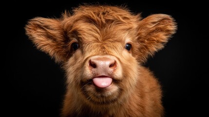 A highland calf displays its playful nature by sticking out its tongue while posing against a dark backdrop in a studio. The fluffy fur adds to its adorable appearance.