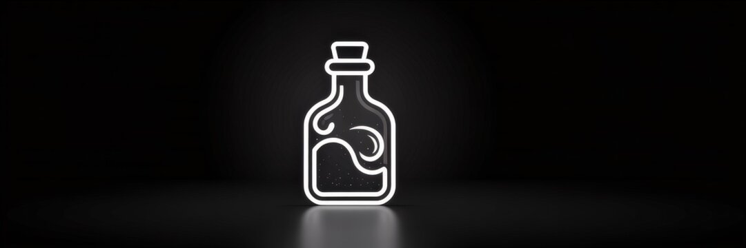 White Neon Bottle Sign Mocup &mdash; 3D Glass Outline WaveLiquid & Star Speckles Refective Black Background | inimalist Neon Logo / Hallween Potion Promo Craft Coktail Bar & Premium Spirit Poster
