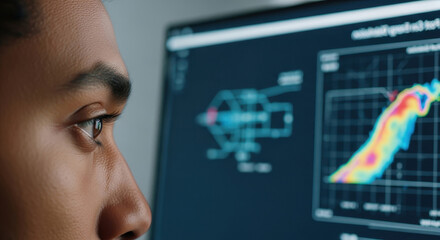 close up of indian person's focused gaze directed at digital monitor displaying colorful data visualizations and graph analysis. concept of data science and technology. scientific report