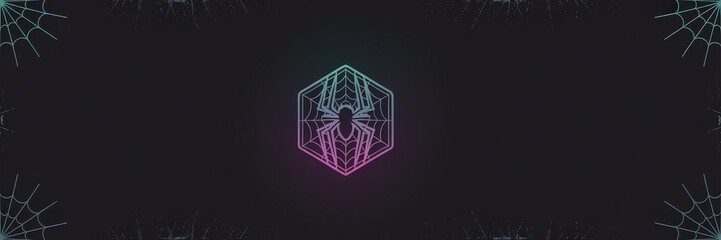 Neon Gradient Halloween Party Banner — Teal-to-Purple Hexagon Spider Emblem Web Corner Accents Dark Charcoal Background | Nightclub & DJ Poster / Social Media Template Copy Space Logo Placeholder