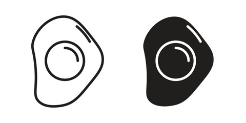 Fried Egg Icons in Line Art and Solid Styles, Isolated on White Background