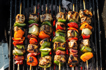 Fototapeta premium Grilled meat and vegetable skewers on barbecue grill