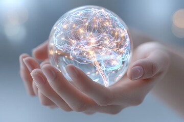 A luminous brain representation in a transparent sphere held in human hands, symbolizing ideas, consciousness, neuroscience, and scientific research developments.