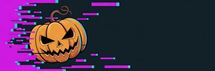 Neon Glitch Jack-o'-Lantern Pumpkin Vector &mdash; Menacing Carved Face Dark Slate | Left-Aligned Wide Horizontal Banner Copy Space (Magenta & Cyan) Halloween Promotion, Social Media Header, Synthwave/Cyber