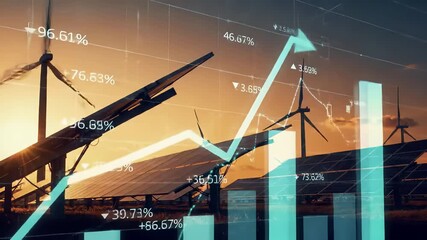 Wind turbines with financial growth charts and percentage statistics overlay. Renewable energy investment analytics, green technology performance metrics. Perfect for sustainable business, clean power - Powered by Adobe