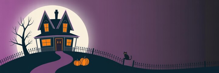 Flat Vector Halloween Haunted House Banner — Purple Panoramic Background, Full Moon, Black Cat Fence, Pumpkins & Lit Orange Windows, Copy Space Right — Family-Friendly Whimsical Cartoon Horizontal Web
