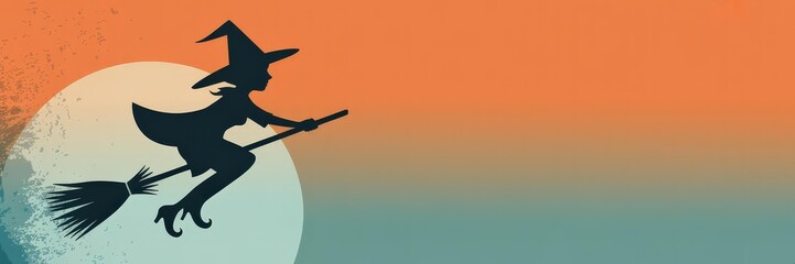 Flat Vector Silhouette Flying Female Witch Broomstick Full Moon — Orange-to-Teal Gradient & Grunge Moon Edge | Halloween Banner Template, Horizontal Website & Social Media Header Copy Space Sale, Part