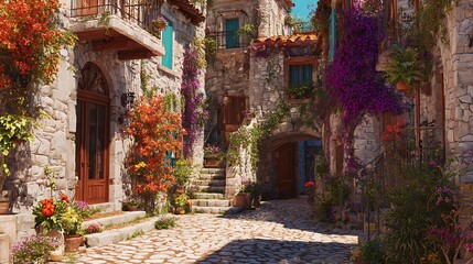Fototapeta premium Traditional cobblestone street with stone cottage pictures