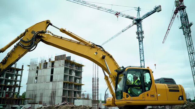 Construction site with yellow excavator operator in safety gear working alongside tower cranes. Heavy machinery, concrete building framework, steel reinforcement visible. Urban development project