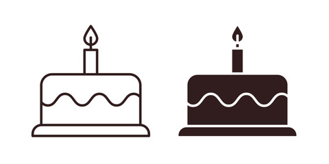 Birthday Cake Icons with Candle, Isolated on White Background