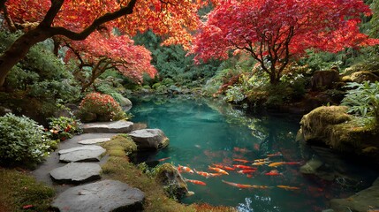 Vibrant autumn maples over koi pond reflection high resolution HD photos