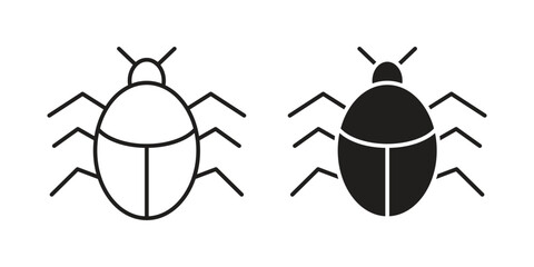 Bug Icons in Line Art and Solid Styles, Isolated on White Background