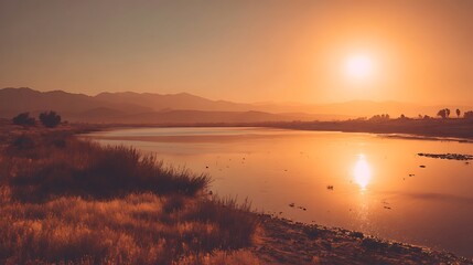 Obraz premium Warm orange sunset over calm landscape wallpaper images