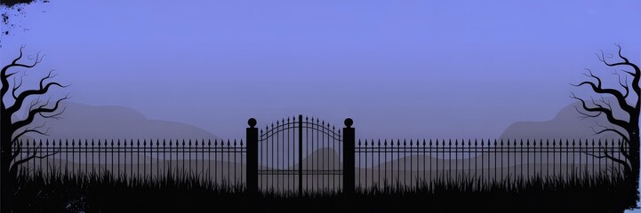 Panoramic Vector — Gothic Ornate Wrought‑Iron Gate & Spiked Fence Silhouette Dead Trees Tall Grass | Purple‑Blue Twilight Gradient Halloween Banner Background / Haunted House Flyer Template (Centered,