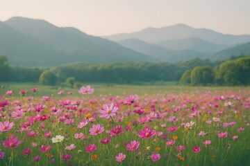 Obraz premium Pink Cosmos Field – Cinematic Nature Wallpaper with Misty Mountains | Urdu-English Poetic Bloom Series 