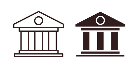 Bank Building Icons in Line and Solid Styles, Isolated on White Background