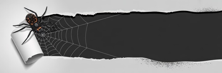 Obraz premium Halloween Promotion Banner — Vector Paper‑Cut Black Widow Spider Orange Spots White Spider Web, Torn White Paper Curl & Ink Splatter Light Gray Background — Panoramic Hero/Header Mockup Dark Copy Spac