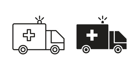 Ambulance Icons in Line and Solid Styles, Isolated on White Background