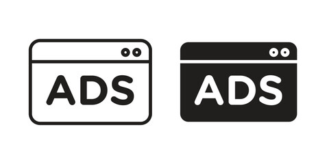 ADS Icon in Browser Window with Outline and Filled Styles, Isolated on White Background