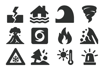 Natural Disaster Icons. Solid style icons of natural disaster emergencies: earthquake crack icon, flood house, tsunami wave,