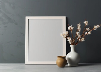 blank modern frame mockup with flowers on wooden table