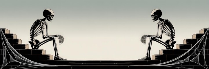 Obraz premium Halloween Banner Poster & Social Media Header — Retro Vector Line Art, Pair Black Sitting Skeletons Stone Steps Cobwebs, Pale Cream Muted Teal Gradient, Symmetrical Panoramic Wide Format Center Copy S