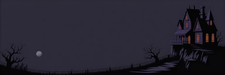 Halloween Banner Vector &ndash; Dark Purple Haunted Victorian House Cliff Lit Orange Windows, Full Moon, Bare Trees & Wrought‑Iron Fence &mdash; Panoramic Social Media/Event Flyer Background Left Copy Space