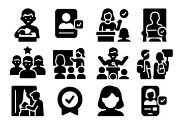 Youth Voting Icons. Solid style icons of youth in elections: teen with ballot, first-time voter icon, school mock election, youth