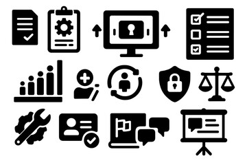 Election Reform Icons. Solid style icons of election reform and policy: new voting law paper, reform petition clipboard, digital