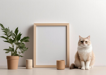 blank modern frame mockup with a cat sitting next by