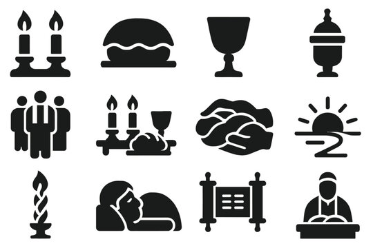 Shabbat Symbols Icons. Solid style icons of synagogue during Shabbat: candles on table, challah covered, wine cup, havdalah spice