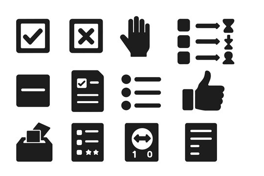 Voting Icon Collection. Solid style icons of types of votes: yes checkbox, no checkbox, abstain icon, ranked choice ballot,