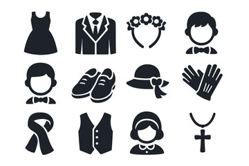 Easter Attire Icons. Solid style icons of Easter Sunday attire: white dress, suit with tie, flower crown, boy with bowtie, girl