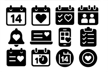 Valentine's Day Icons. Solid style icons of Valentine calendar and planning: marked February 14, calendar with heart, gift
