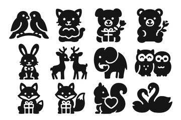 Obraz premium Valentine Animal Icons. Solid style icons of Valentine animals: lovebirds perched, kitten with heart, puppy with gift, bear