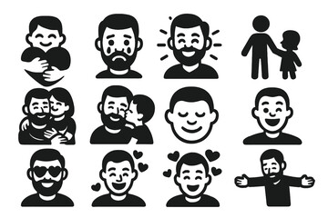 Father's Day Icons. Solid style icons of Father&rsquo;s Day joy and love: heart-shaped hug, proud tears, glowing star, hand-in-hand
