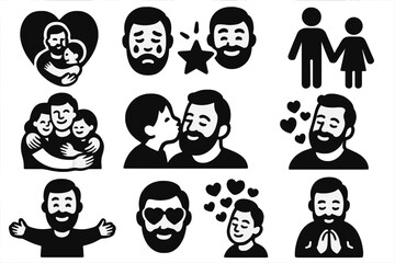 Father's Day Icons. Solid style icons of Father&rsquo;s Day joy and love: heart-shaped hug, proud tears, glowing star, hand-in-hand