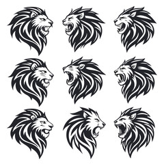Nine Stylized Black and White Lion Head Illustrations Roaring and Growling vector